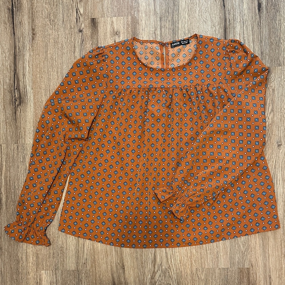 Women’s Burnt Orange Geometric Patterned Long Sleeve Blouse Fall Feminene